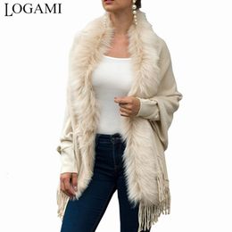 Women's Knits Tees LOGAMI Fake Fur Collar Cardigan Poncho Tassel Solid Coat Women Casual Loose Shawl 221206