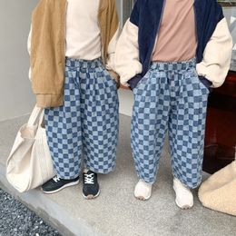 Trousers Autumn children fashion oversized plaid denim pants Boys and girls loose wide leg trousers 221207