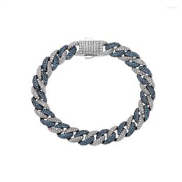 Link Bracelets Hip Hop Blue White CZ Stone Bling Iced Out 9mm Two Tone Round Cuban Miami Chain For Men Rapper Jewellery Gift