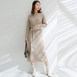 Casual Dresses Cashmere Knited Dress Women Style Sashes Long Sleeves Waist Mid-length 3 Colors Knit Fashion