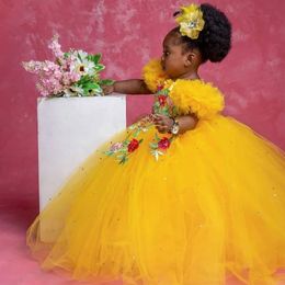 Yellow Flower Girl Dresses Ball Gown Tulle Party Kids Birthday Gowns Beaded Pearls Toddler Pageant Wears
