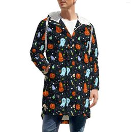 Men's Trench Coats Halloween Print Windbreakers Ghosts Pumpkins Long Straight Thick Warm Fashion Design Winter Jackets Casual Loose Clothing