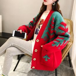 Women s Knits Tees DAYIFUN Knit Cardigan Women Korean Fashion Christmas Tree Flocking Patchwork Colour Sweater Coat Autumn Winter Thick Mid length 221206