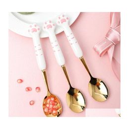 Spoons 304 Stainless Steel Cute Cat Claw Ceramic Spoon Fork Cutlery Portable Reusable Kitchen Utensils Inventory Wholesale Drop Deli Dhmtr