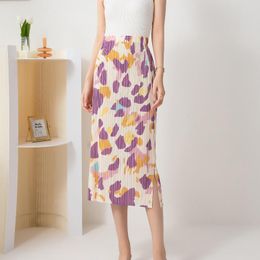 Skirts Miyake Pleated Print Split Skirt 2022 Summer High Waist Straight Fashion All-Match Drape A- Line One-Step Y2k