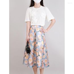 Work Dresses Two Piece Set Women Summer 2022 Three-Dimensional Flowers Round Neck Short Sleeved T-Shirt High Waist A-Line Print Skirt Suits