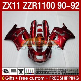 Full Fairings For KAWASAKI NINJA ZX 11 R 11R ZX11 R ZZR1100 ZX11R 90 91 92 Body 164No.107 ZZR 1100 CC ZX-11R ZZR-1100 1990 1991 1992 ZX-11 R 90-92 ABS Fairing Kit red stock