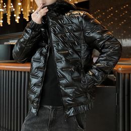 Men's Down Parkas Shiny Leather Jacket Cotton Coat Hooded Waterproof Thickening Casual Windbreaker Clothes 221207