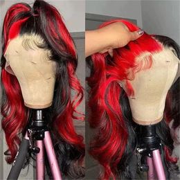 Ombre Highlight Red Black Coloured Wigs Hd Transparent Frontal Body Wave Human Hair Pre Plucked 13x4 Lace Front Synthetic Wig2024