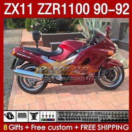 Full Fairings For KAWASAKI NINJA ZX 11 R 11R ZX11 R ZZR1100 ZX11R 90 91 92 Body 164No.111 ZZR 1100 CC ZX-11R ZZR-1100 1990 1991 1992 ZX-11 R 90-92 ABS Fairing Kit red glossy