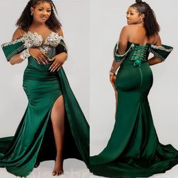 Dark Green Satin Mermaid Formal Evening Dresses For Arabic Women Off Shoulder Lace Appliques Plus Size Prom Occasion Gowns Robe De Soiree