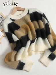 Women s Sweaters Yitimoky Plaid Sweater for Women Fall Winter Korean Fashion O Neck Elegant Jumpers Office Ladies Overzied Casual Pullovers 221206