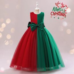 Christmas Dress For Girl Green Red Patchwork Princess Long Party Dress Children Bowknot Tutu Ball Gown Dresses