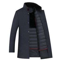 Men's Wool Blends Coat Thick Detachable Duck Down Liner en s Winter Warm s Trench Long Overcoat England Style 221206