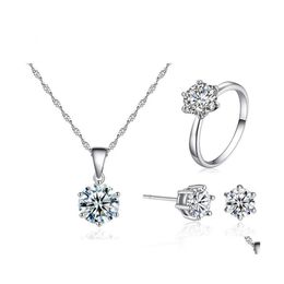 Wedding Jewelry Sets Sier A Level Cubic Zirconi Wedding Jewelry Set 8Mm Rhinestone Pendant Necklaces Rings And Earrings For Women Wi Dhrni