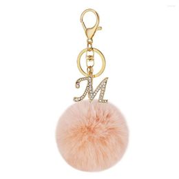 Keychains Fashion Rhinestone 26 Letter Pompom Pendant Keychain Pink Fur Ball Initials Alloy Keyring For Women Bag Charms Accessories Gift