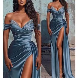 Off 2023 Elegant the Shoulder Satin Mermaid Evening Beaded Ruched High Split Sweep Train Formal Party Arabic Prom Dresses