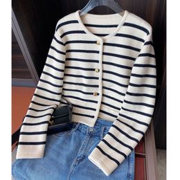Women's Knits Tees Limiguyue Striped Cardigan Women Gold Buckle Knitted Short Coat Loose Classic O-Neck Elegant Autumn Winter Sweater Casual K3861 221206