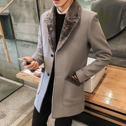 Men's Wool Blends winter men's windbreaker long section plus velvet warm coat fashion slim fur collar solid color woolen size S-5XL 221206