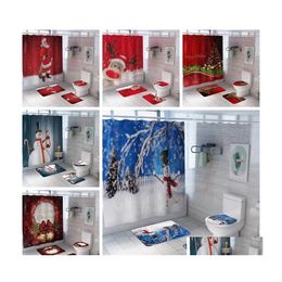 Shower Curtains Christmas Printed Waterproof Bathroom Shower Curtain Carpet Floor Mat Combination Bath Room Toilet Seat Showercurtai Dhjnu