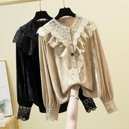 Women's Blouses L-4XL Fashion Women Velvet Autumn Winter Long Sleeve Lace Ruffles Patchwork Loose Shirt OL Ladies All-Matched Blouse