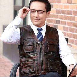 Men's Vests Cowhide Genuine Leather Vest Men Brown Waistcoat Male Sleeveless Jacket Thick High Quality Motorcycle Multi Pocket Zipper
