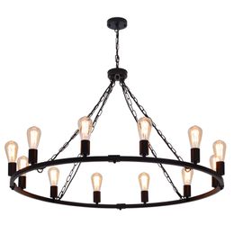 Chandelier Metal 39in 12Lights Rustic Waggon Wheel Chandelier Light Fixture Black Farmhouse Pendant Lighting Dining