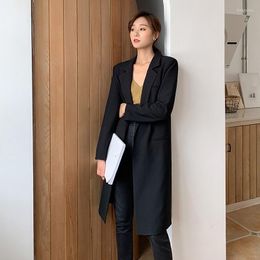 Women's Trench Coats Womens Vintage Black Elegant Slim Long Coat Office Lady Turn-Down Collar Pockets Casual Knee Length Suit Jackets