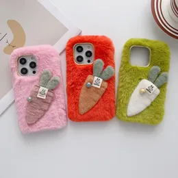 Cute Carrots Fluffy Fur Phone Cases For Iphone 15 14 Pro Max 13 12 11 XR XS X 8 7 Plus Chromed Metallic Plating Soft TPU Fashion Genuine Rabbit Hair Phone Back Cover Skin