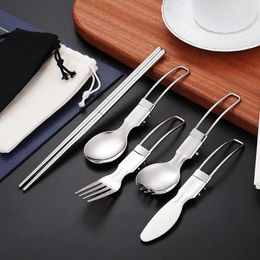 Dinnerware Sets Foldable Stainless Steel Spoon Fork Chopsticks Flatware For Travel Camping Equipment Outdoor Picnic Cutlery Kitchen