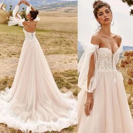 Boho Sweetheart A-Line Wedding Dresses With Detachable Sleeves Bridal Gowns Corset Tulle Court Train Vestidos De Novia