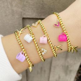 Charm Bracelets Creative Pink Coffee Mug Bracelet For Women Copper Crystal Heart Beaded Fashion Jewellery Friendship Gifts Brte51