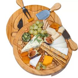 Bambus-Küchenwerkzeuge, Käsebrett und Messer-Set, runde Wurstbretter, drehbare Fleischplatte, Urlaub, Einweihungsgeschenk, Großhandel, FY2966, SS1208