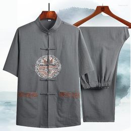 Ethnic Clothing Men Short Sleeve Tang Suit Wushu Cotton Linen Male Embroidery Tai Chi Set Summer Performance