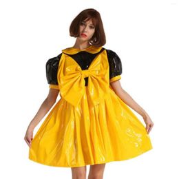 Casual Dresses PVC Big Bow Lovely Puff Sleeve Dress Adult Sissy Elegant Kawaii Lolita Gothic Party Halloween Costume S-7XL