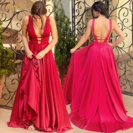 Sexy rote Abendkleider mit V-Ausschnitt, rückenfrei, Satin, Ballkleider, langes, elegantes Abendkleid, Robe De Soiree, Weihnachtspartykleid Plus