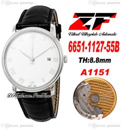 Villeret Ultraplate Ultra Slim A1511 Automatic Mens Watch ZF 6651-1127-55B Steel Case White Dial Silver Roman Marker Black Leather Strap Super Edition Puretime A1