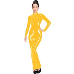 Casual Dresses Plus Size Lady O-neck Long Sleeve Dress Sexy Bodycon Ankle Length Vestido Wet Look PVC Nightclub Outfit Cosplay Club