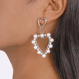 Korean Heart Dangle Earrings Imitation Pearl Love Earring Circle Beaded Simple Drop Earring for Elegant Women Girls