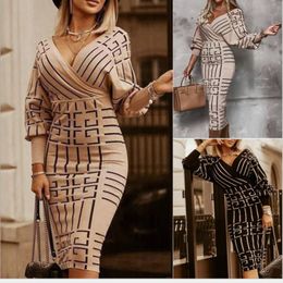 Printed Dress Autumn Winter Women Striped Dresses Long Sleeve High Waist Woman Bodycon Casual Dress Fashion Clothes Clothing