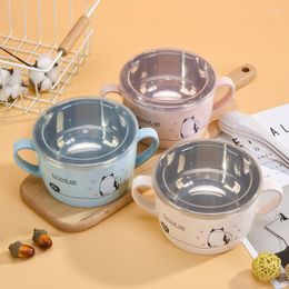 Bowls Cartoon Cute Stainless Steel Bowl With Lid Double Handle Instant Noodle Lunch Box Girl Student Office Kitchen Gadget