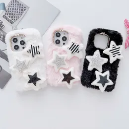 Bling Star Starry Diamond Phone Cases For Iphone 15 14 Pro Max 13 12 11 XR XS X 8 7 Plus Iphone15 Soft TPU Fashion Fluffy Fur Genuine Rabbit Hair Bow Phone Back Cover Skin