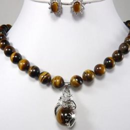 8mm Tiger Eye Necklace egg EARRINGS Metal Silver Plated Jewellery Set