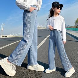 Trousers Spring summer Teen Girls blue Jeans Leisure Fashion Straight leg Kids plaid long Pants Child 4 6 8 10 12 14 Years 221207