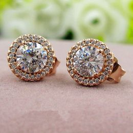 Rose Gold Plated Round Sparkle Stud Earrings Fits European Pandora Style Jewelry Fashion Earrings