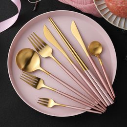Dinnerware Sets Tableware Stainless Steel Cutlery Set Matte Pink Gold Fork Spoon Knive Kitchen Flatware Dessert Drop