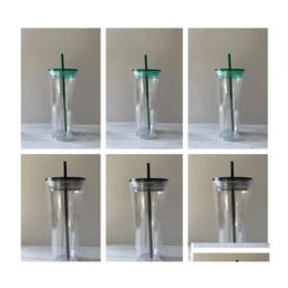 Tumblers 710Ml 24Oz Clear Plastic Double Wall Tumbler Cup With St Black Green Lid Coffee Mugs Wll1327 Drop Delivery Home Garden Kitc Dhxta