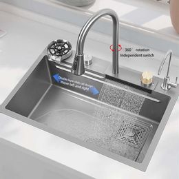 Kitchen Sink Nano 304 Stainless Steel Waterfall Sink Gun Gray Large Single Bowl With Multifunction Touch Waterfall Faucet