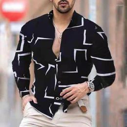 Men's Casual Shirts Autumn Long-sleeved Slim Shirt Men's Geometric Printing Black Trendy Fashion Turn-Down Collar Button Men Brand M-3XL