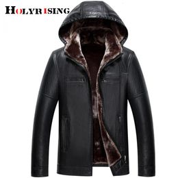 Mens Leather Faux Holyrising men leather Jacket hooded removable plus size velvet padded Warm PU s Coats 19066 221205